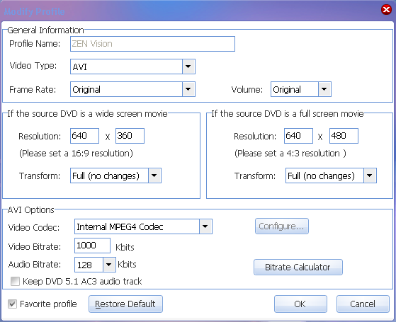 rip DVD to Zen --- modify profile